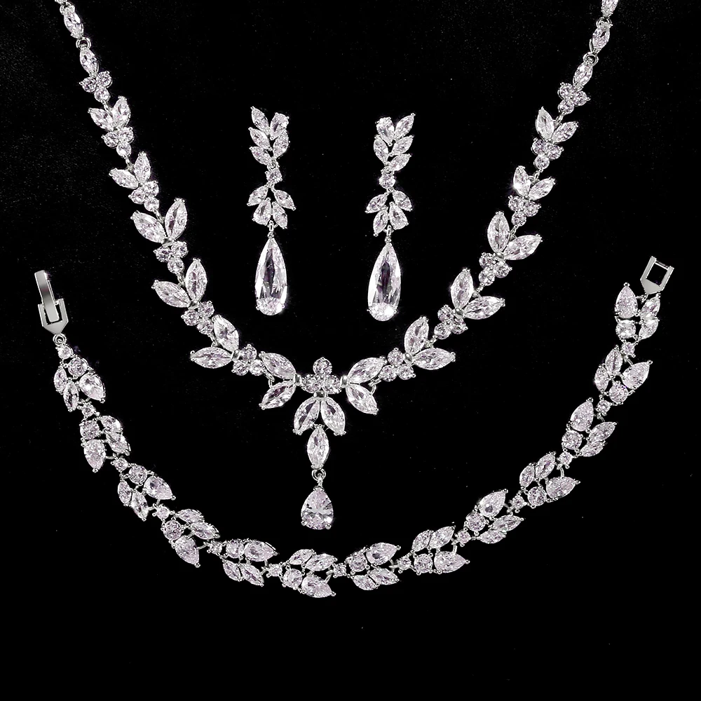 ZAKOL Brand Luxury Cubic Zirconia Dangle Earrings Necklace Elegant Gorgeous CZ Wedding Banquet Party Jewelry Set