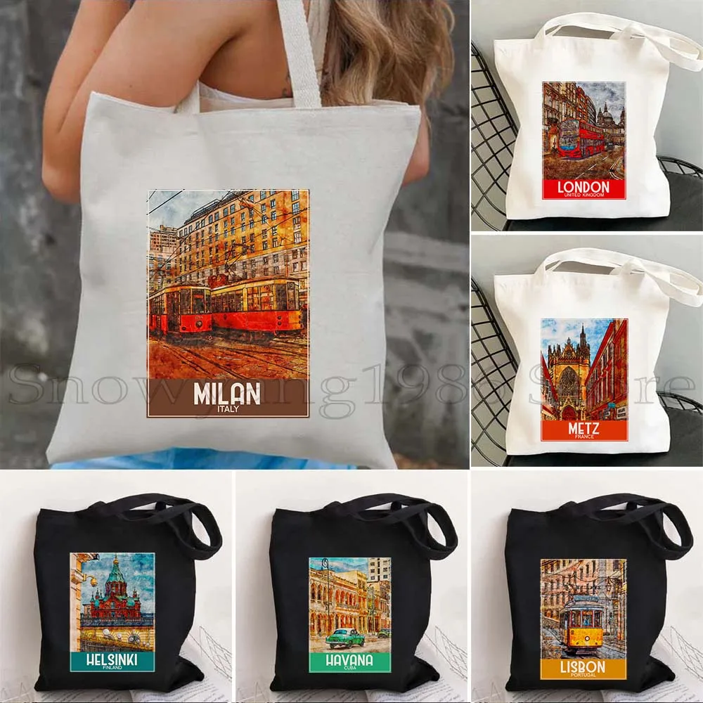 London Lisbon Helsinki Innsbruck Ghent Havana Lublin Madrid Metz Miami Monaco Naples Ink Watercolor Painting Tote Bag Handbag