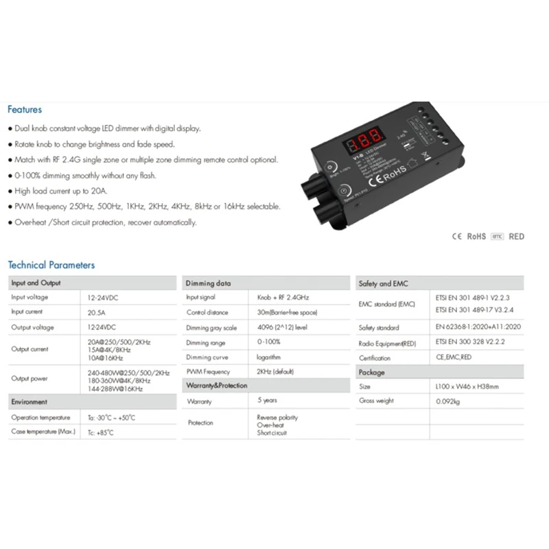 Dual Knob Constant Voltage LED Dmmer 1Chx20a Wireless Remote Control Numeric Display CV Controller V1-B