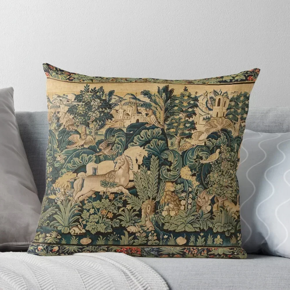 

FANTASTIC ANIMALS AND HORSES IN WOODLAND Blue Green Ivory Antique French Tapestry Throw Pillow anime girl pillow