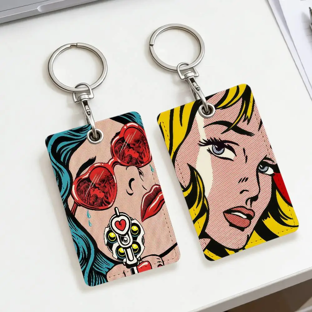 The weeping girl Pop Art School rectangular keychain Bus house access card protective cover PU leather ID Best sellers