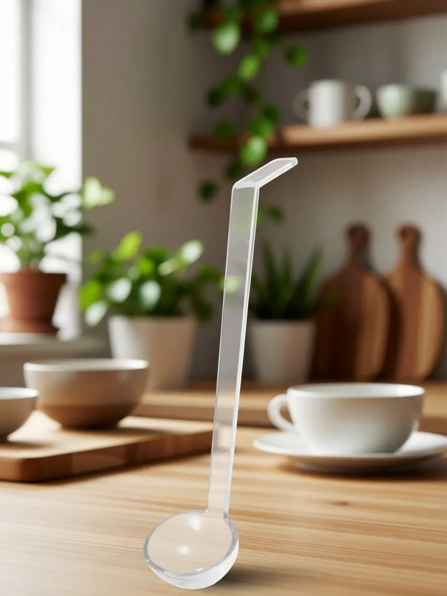 Long Handle Clear PC Serving Spoon with Bent Tail – for Buffet, Sauce, Soup, Gravy & Ramen