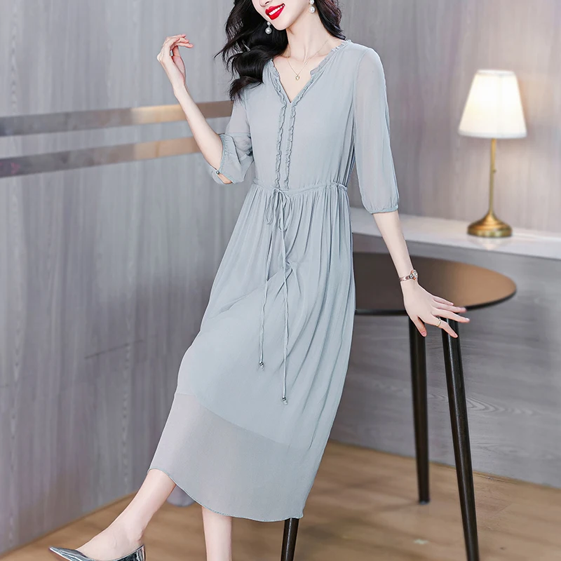 Silk Dress Summer 2024 New Gentle Celebrity French Dress Mulberry Silk Pink Sweet Short Sleeves Knee length A-line Long Dress