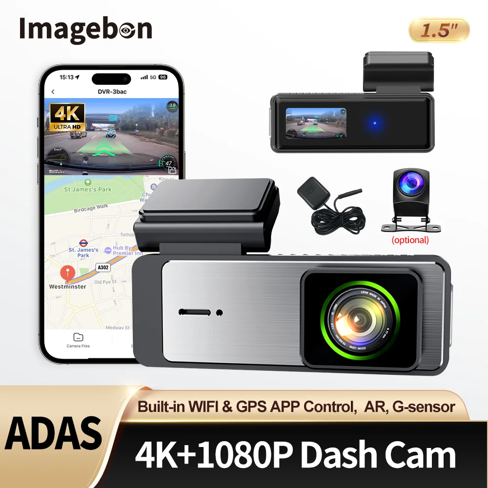 Imagebon 1.5” 4K Q7 Dash Cam GPS Navigation WiFi AR Real-Time Navigation Car DVR Support Rear Cam Voice Control Loop Recording