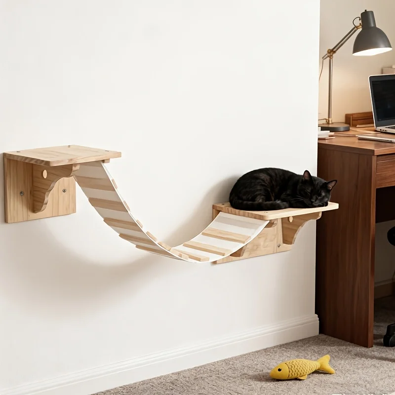 Cat Wall Climbing Shelves Wall-Mounted Furniture Set 2 Shelves with 1 Bridge Ladder for Indoor Cats Tree Tower Bed Accessories