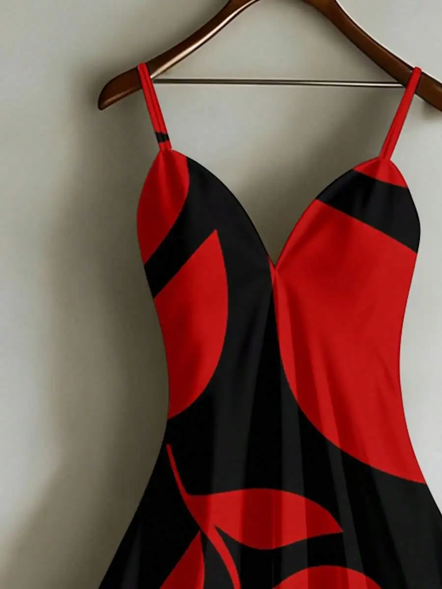 

Womens Red Black Abstract Print Slip Dress V Neck Summer Beach Party Dress