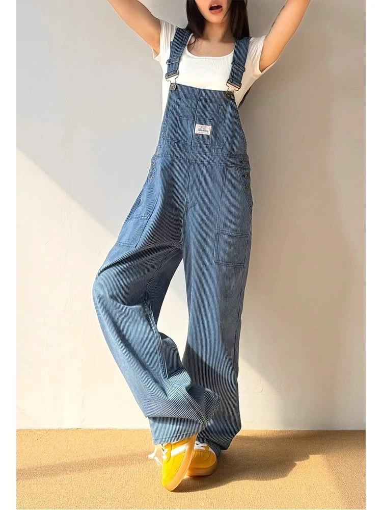 Women's Blue Vertical Stripe Suspender Jumpsuits Fashion Wide Leg Pants Streetwear Rompers Female Casual Straight Trouser