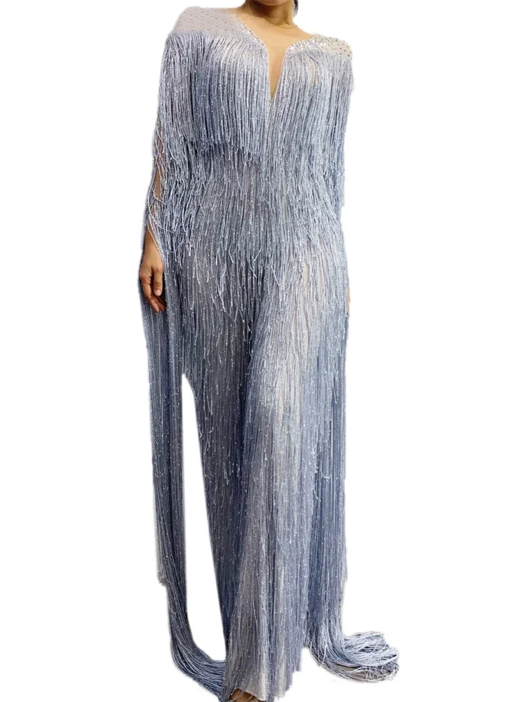 Longt tassel Crystals Jumpsuit Sexy Rhinestones Bodysuit Women Nightclub Outfit Singer Stage Dance Costume