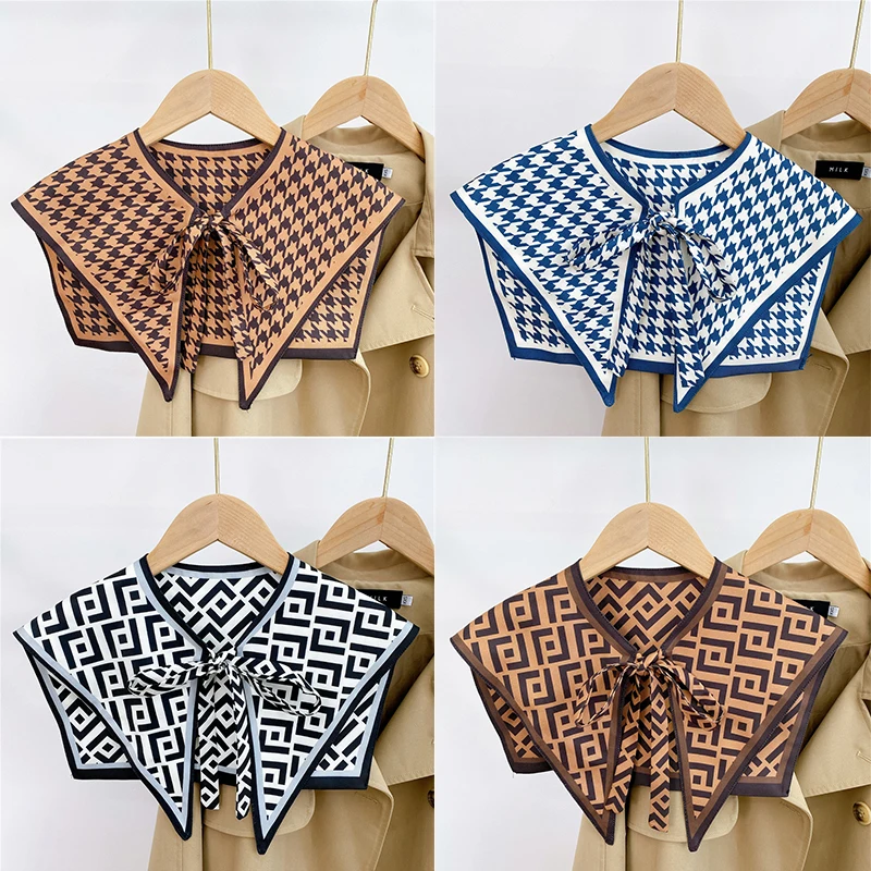 Front Tie Fake Collar For Women Vintage Print Detachable Collars Houndstooth Letter Fake Collar Shawl Wrap Scarf Neckwear Cape