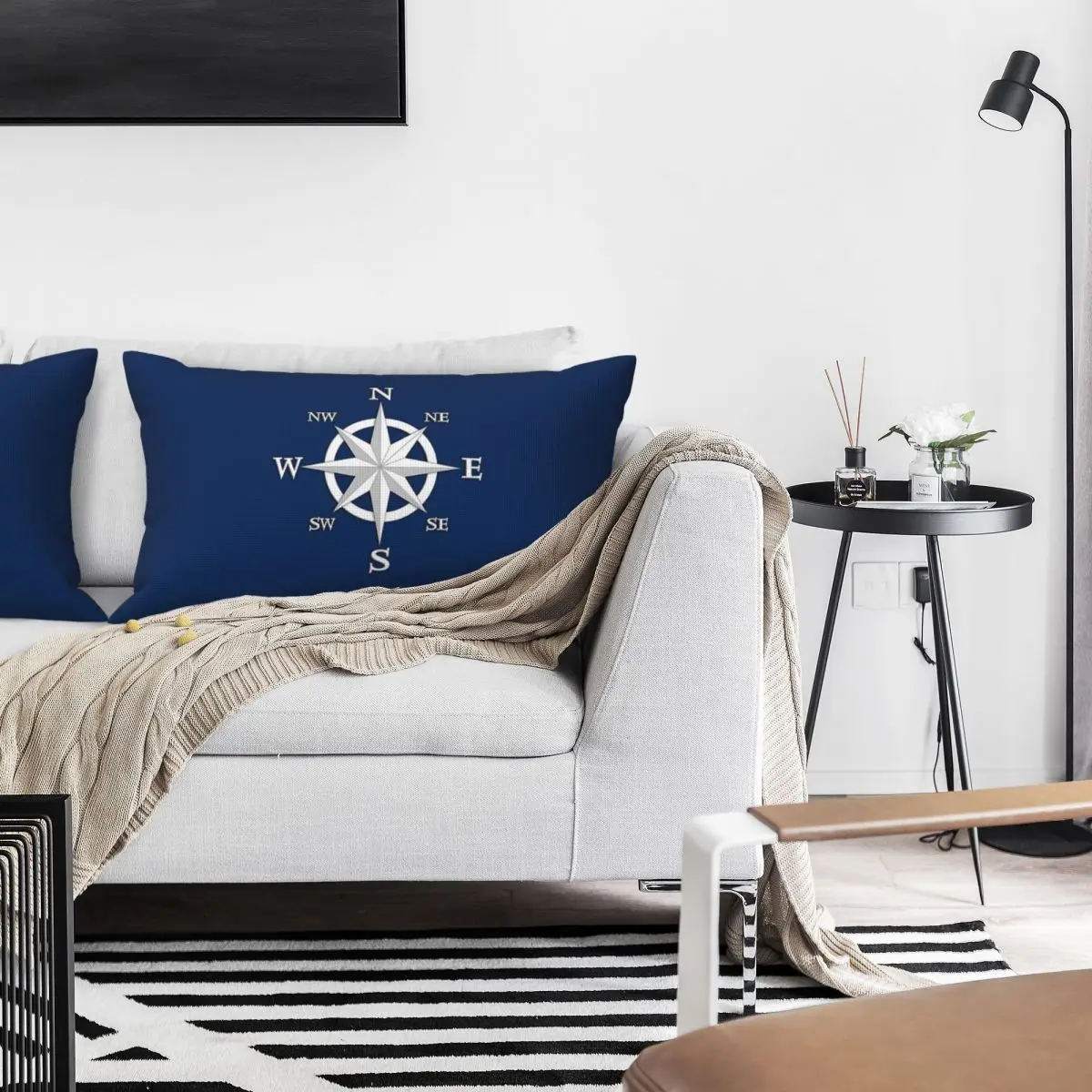 Eight Point Compass Rose, White And Navy Blue Rectangle Linen Pillowcase Cushion Cover Polyester Bed Home Comfort Throw Pillow