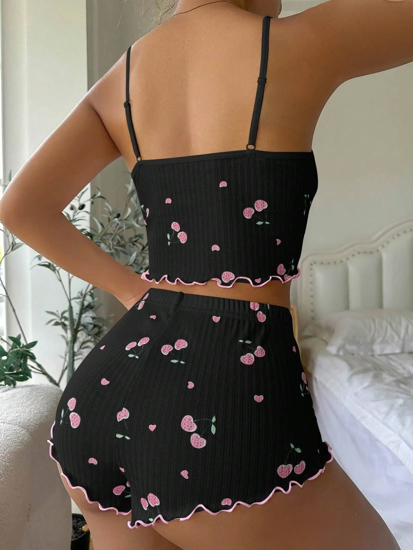 Women's Heart Print Sexy Ribbed Bow Decor Pajama Set, Round Neck Backless Comfortable Crop Cami Top & Shorts, Summer Nightwear