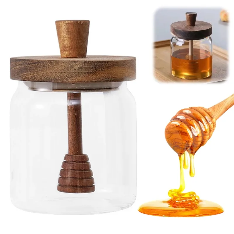 Frascos de Vidro de Boca Larga com Colher e Tampa - Potes para Mel e Recipientes Dispensadores de Xarope para Armazenar Mel e Xarope