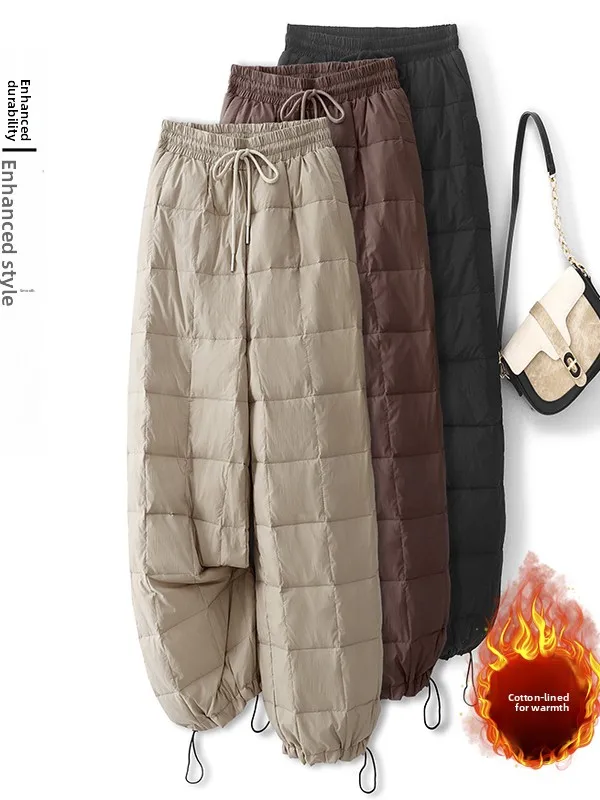 Ciepłe spodnie z mieszanki bawełny w kratę, proste nogawki, casualowe, ze sznurkiem w pasie, plus size, modne, wyszczuplające spodnie zimowe damskie.