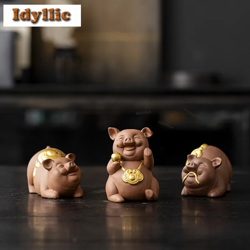 Gold Drawing Purple Sand Auspicious Little Pig Tea Pet Zen Tea Games Tea Figurine Play Toys Tea Statue Ornaments Can Be Raised