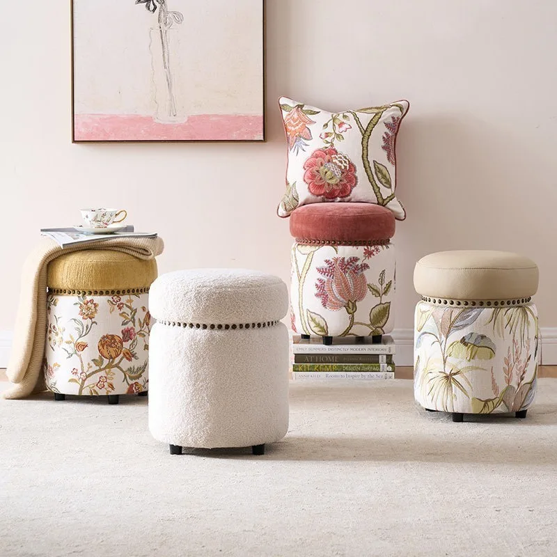 

Кожаный маленький круглый табурет для макияжа, круглый пуфик для взрослых, тканевый, из массива дерева, для переобувания, низкий табурет