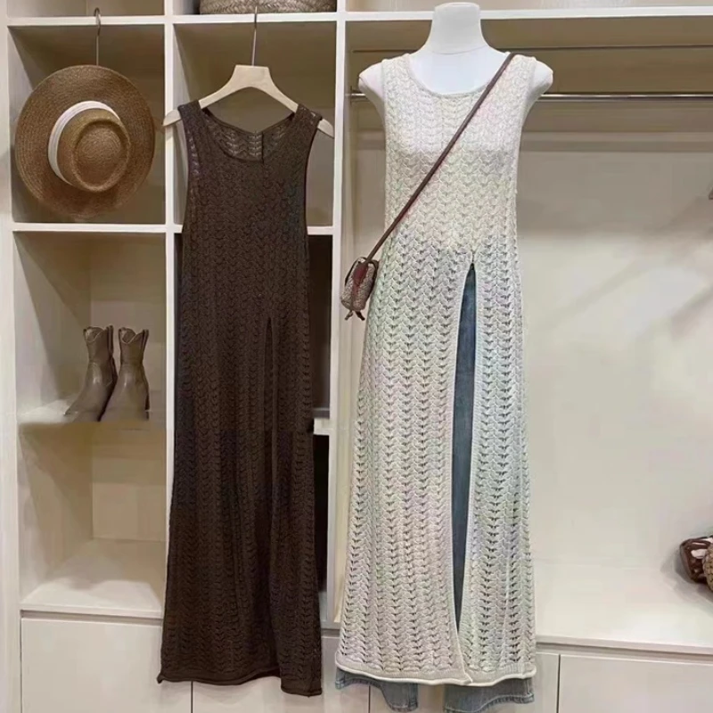 New Fashion Knitted Hollow Women's Dress Elegant Sleeveless Split Neck Beach Dress Fashion Women's Clothing