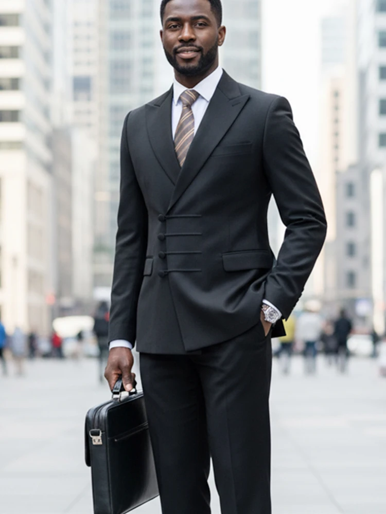 

ST Cassy black Elegant man suit for wedding Slim Fit Double Breasted Multiple buttons Casual Business man 2 piece outfit set