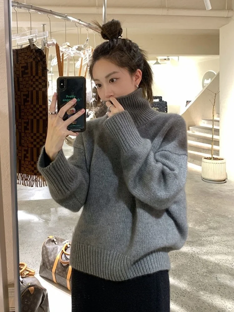 Goat cashmere sweater female 100% pure cashmere turtle neck autumn and winter new loose lazy wind thickened knitting.