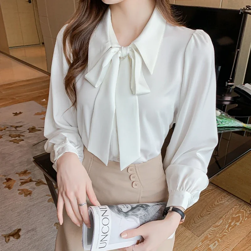 Elegant Office Chiffon Shirts Women 2024 Autumn Winter Long Sleeve Blusas Mujer Korean Style Clothing White Work Tops Blouses