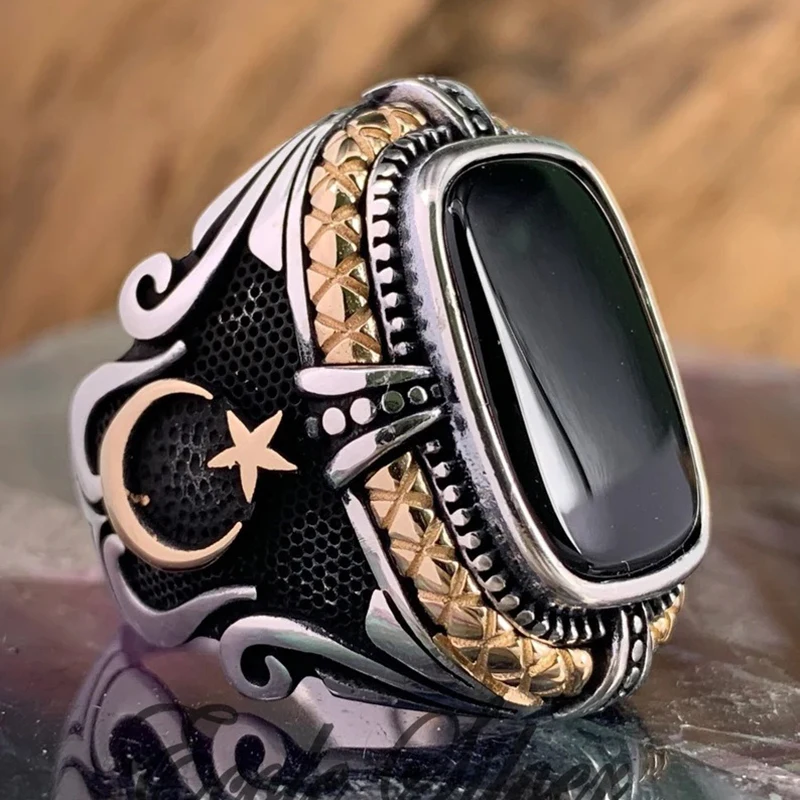 Vintage Handmade Turkish Mysterious Totem Star Moon Ring For Men Ancient Silver Color Black Zircon Ring Trendy Muslim Jewelry