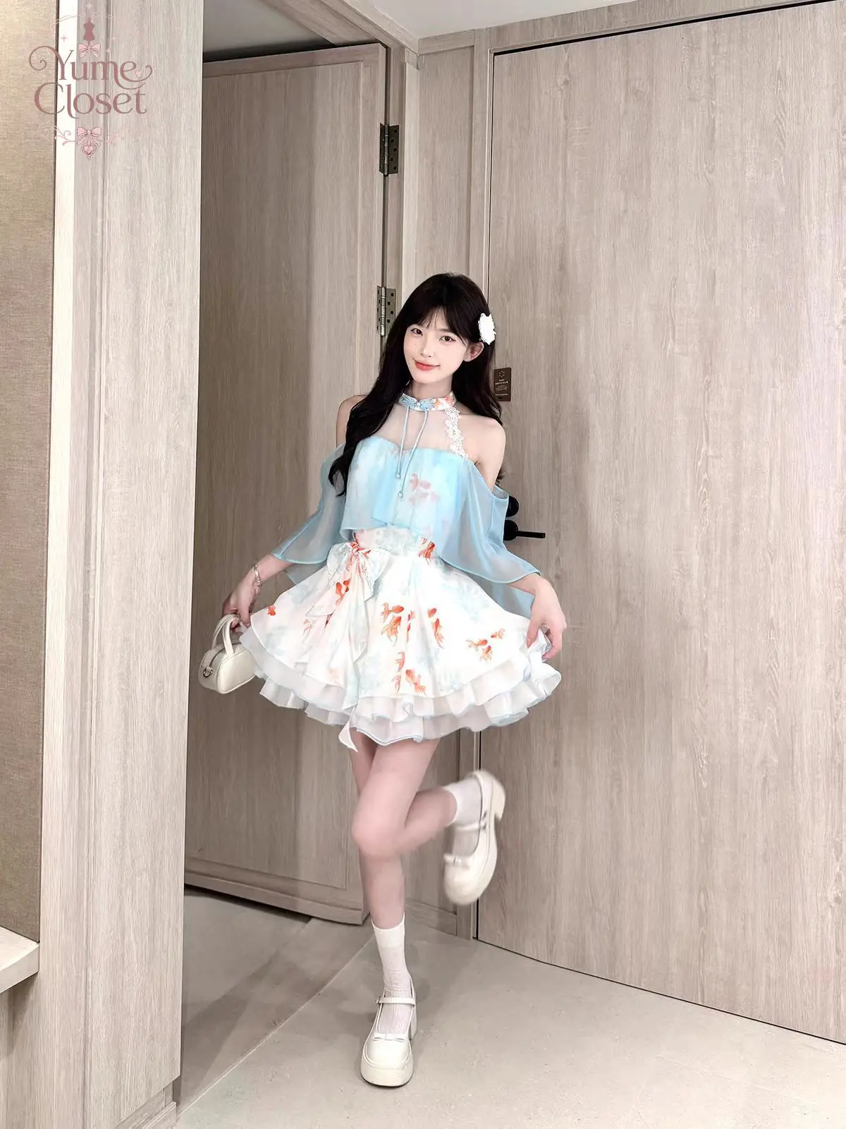 Cute Sweet Coquette Chinese Off Shoulder Halter Dress Women Fish Print Lace Ruffle Hem Slim Fit Mini Dress Party Outfit 2026