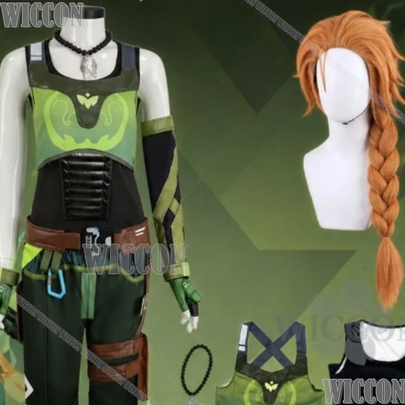 Anime Game VALORANT Cosplay Skye Green Sports Punk Sleeveless Vest Pants Belt Glove Necklace Wigs Halloween Comic Con Festival