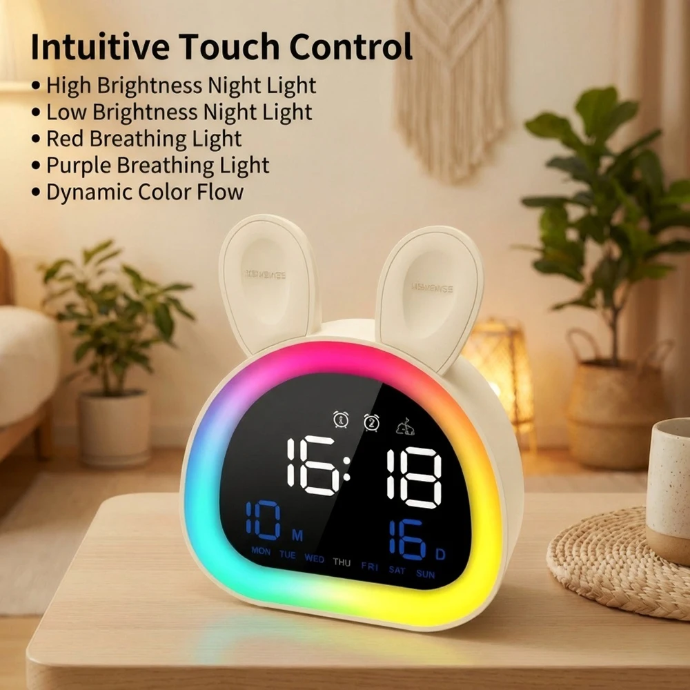 Kids Alarm Clock Color Changing Night Light 5 Ringtones Date Weekday Display‌ Perfect Gift for Boys and Girls Bedroom Décor