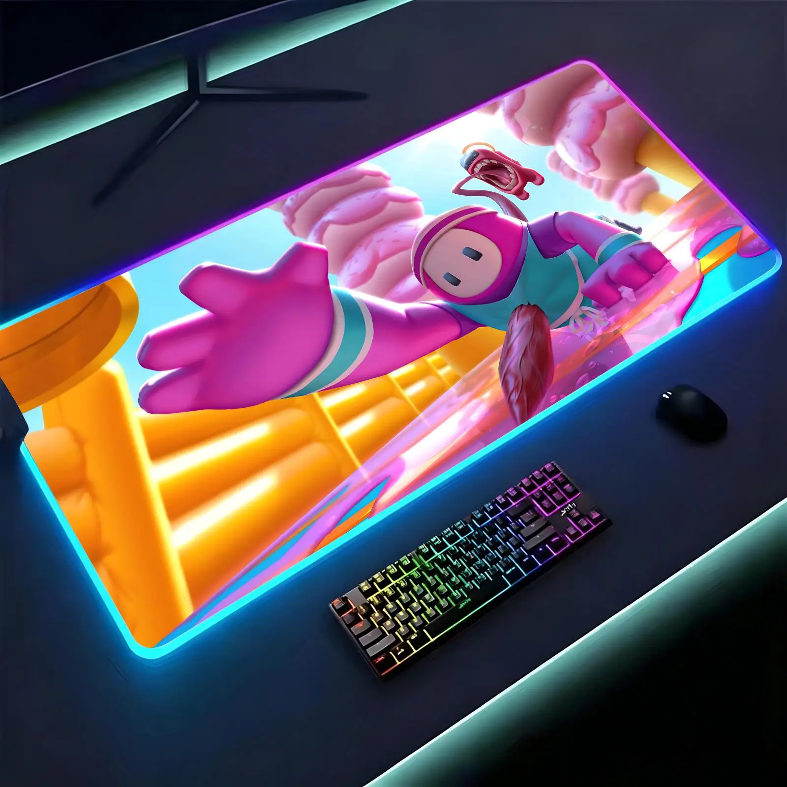 Large RGB backlit esports gaming mouse pad, smooth soft cloth surface, LED luminous extended desk mat Fall Guys