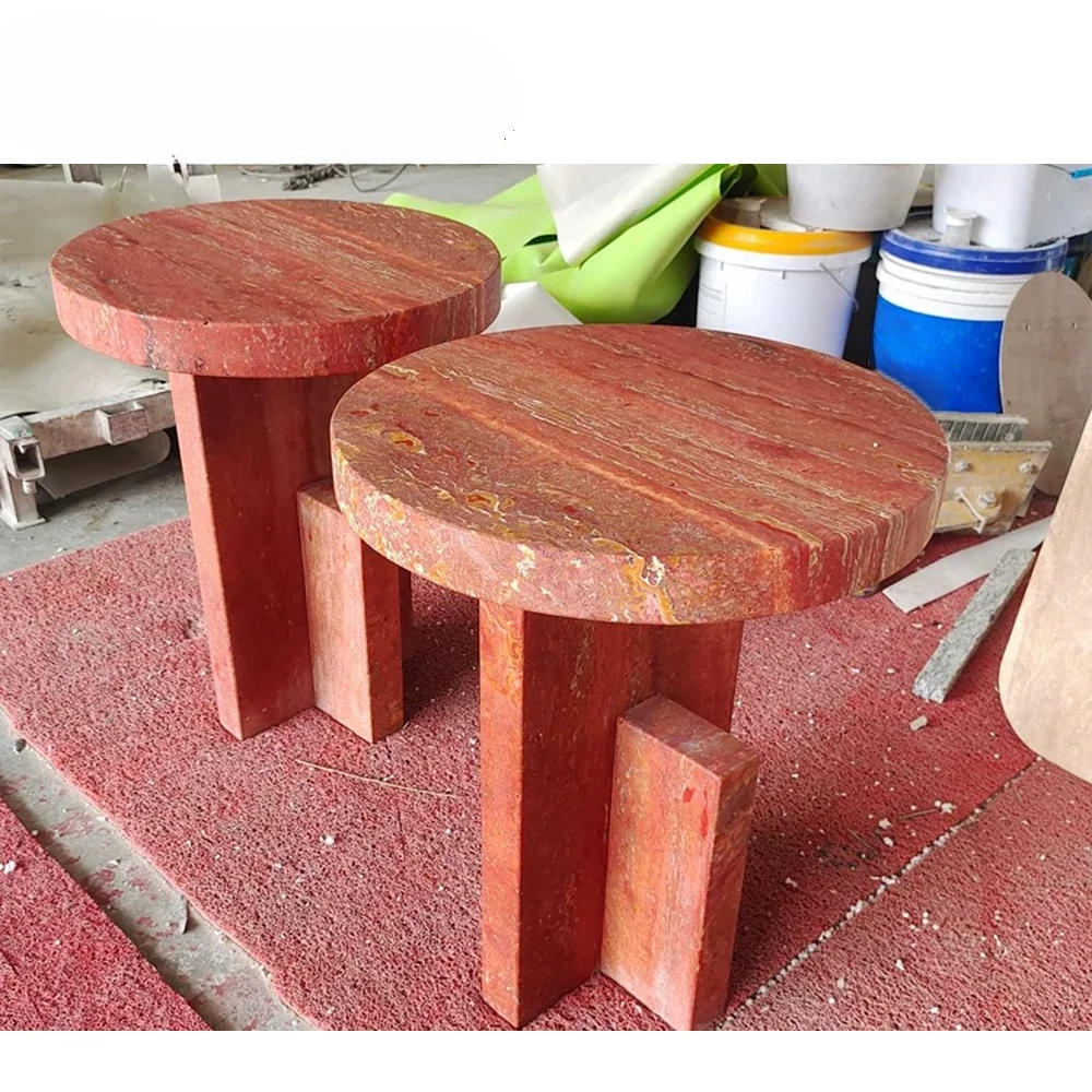 Hot Sale Natural Stone Red Travertine Round Small Coffee Tables and Side Tables for Bedroom