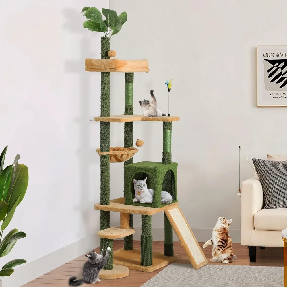 

Tall Cat Tree Tower with Leaves for Indoor Cats, 72.8in Cute Cat Climbing Tower with Self-Grooming Brush