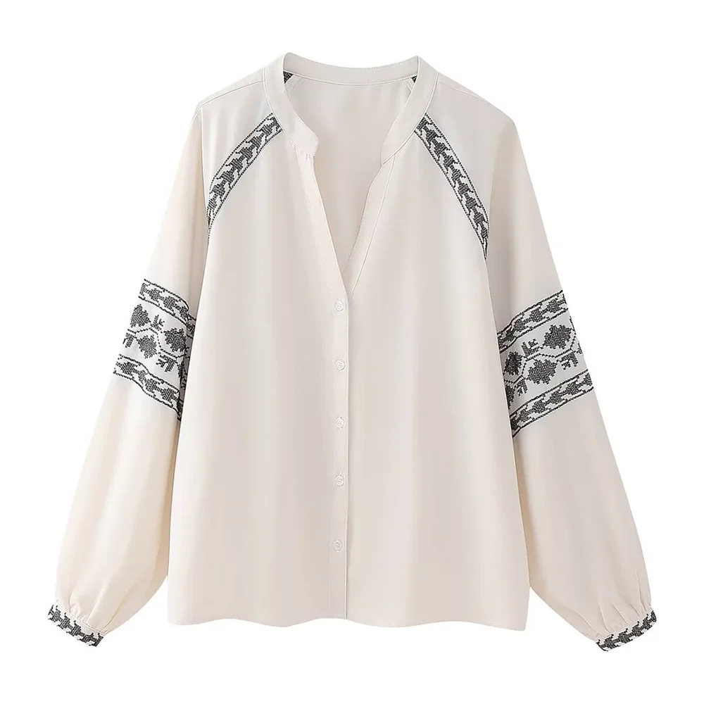 PB & ZA-Contrast Color Embroidered Blouse for Women, Casual Versatile, New Arrival, Spring, 2024