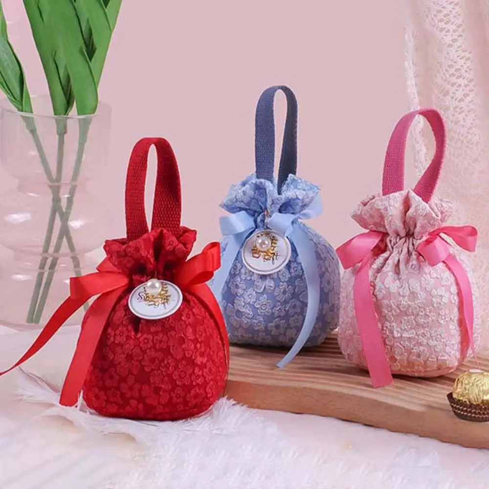 Sakura Canvas Floral Drawstring Bag Pearl Pendant Stripe Ribbon Bow Wrist Bag Korean Style Jewerly Packing Bag Bowknot Handbag