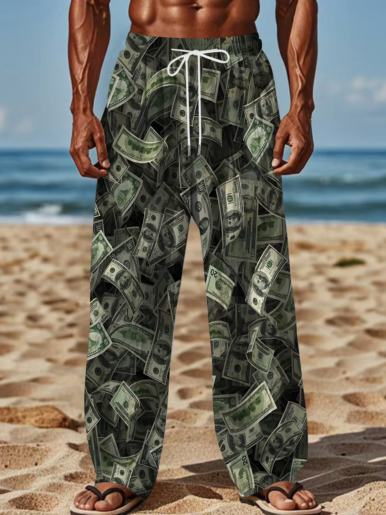 2026 Men's Printed Straight Leg Pants Abstract Wave Design Drawstring Waist Loose Fit Summer Beach Casual Lightweight Trousers