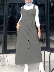 Fashion Women Overalls Dress ZANZEA Summer Vintage Sleeveless Strap Vestidos Buttons Down Work Holiday Robes Muslim Sundress