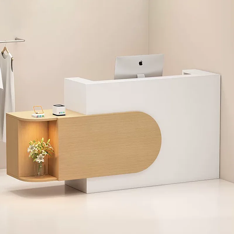Modern Small Reception Desk Beauty Salon LED Light White Wood Front Desk Counter Mini Spa Elegant Curved Office Furniture