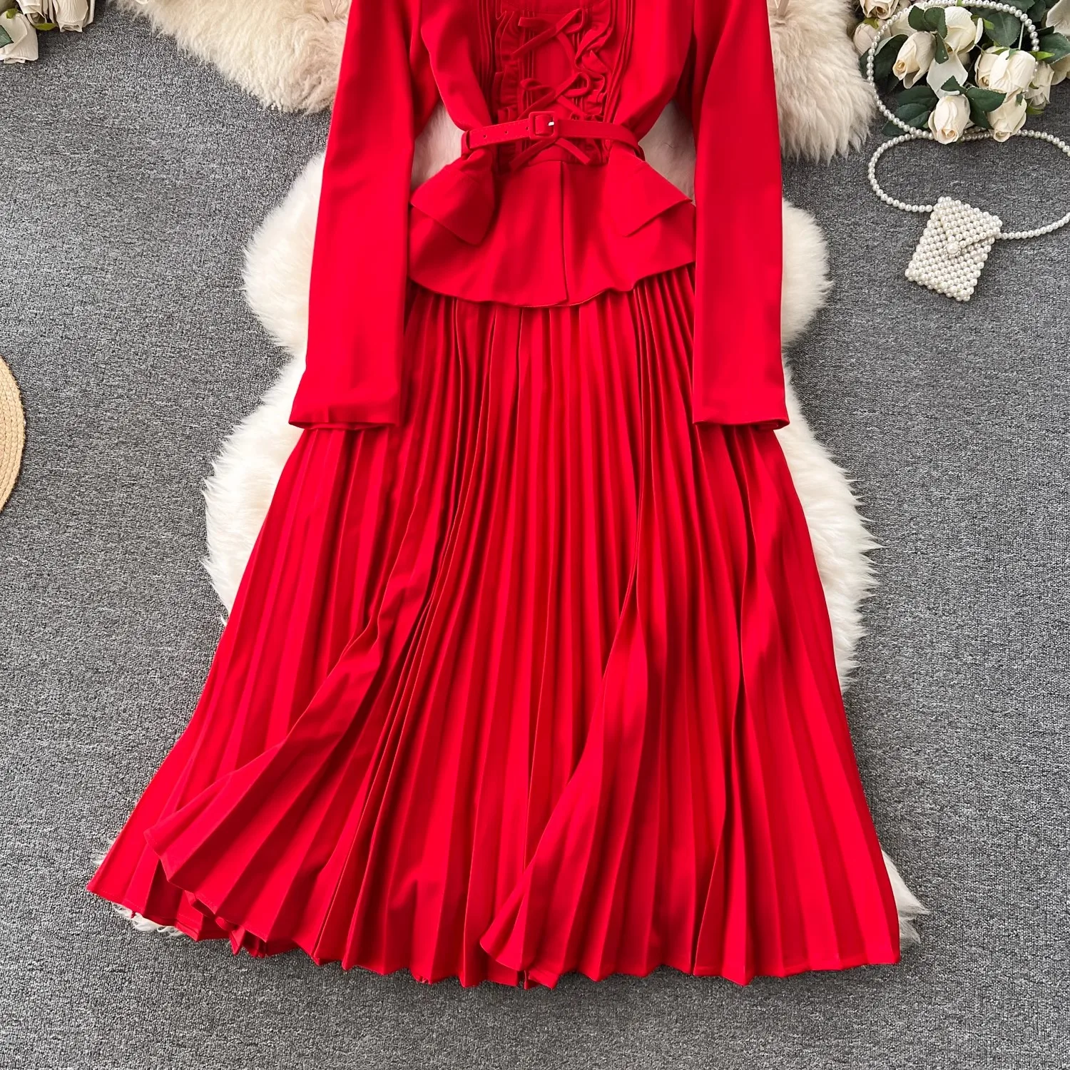 New 2024 Spring Summer Faux 2 Peice Women High Quality Fashion O Neck Bow Long Sleeve Belt Office Casual Party Dresses