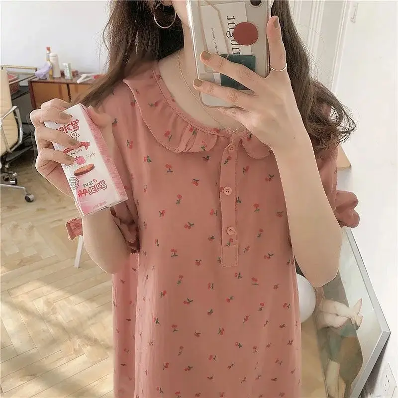 Cherry Print Nightgown Sleepwear Women Korean Ruffles Night Dress Summer One Piece Pajamas Short Sleeve Mini Home Wear 2024 New