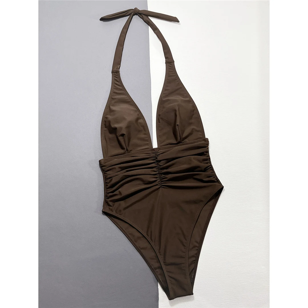 Sexy Badeanzug mit tiefem V-Ausschnitt und Neckholder, geraffter Einteiler, Damen-Bademode, Monokini mit hohem Beinausschnitt, Badeanzug, Badebekleidung, Modell V5538 – Detail 16