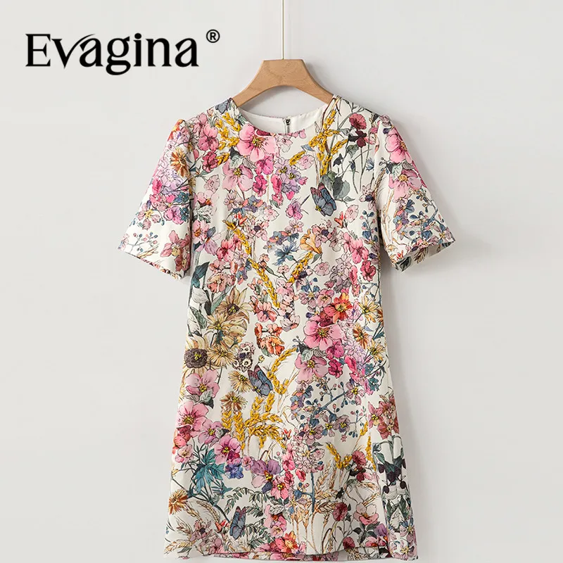 Evagina vestido feminino elegante com estampa floral primavera verão novo jacquard de manga curta com miçangas vestidos linha a