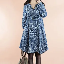 2022 Spring Autumn Long Sleeve Elegant Vintage Women's Printing Dress V-Neck Loose Waist Casual Dresses Female Clothing Fashion