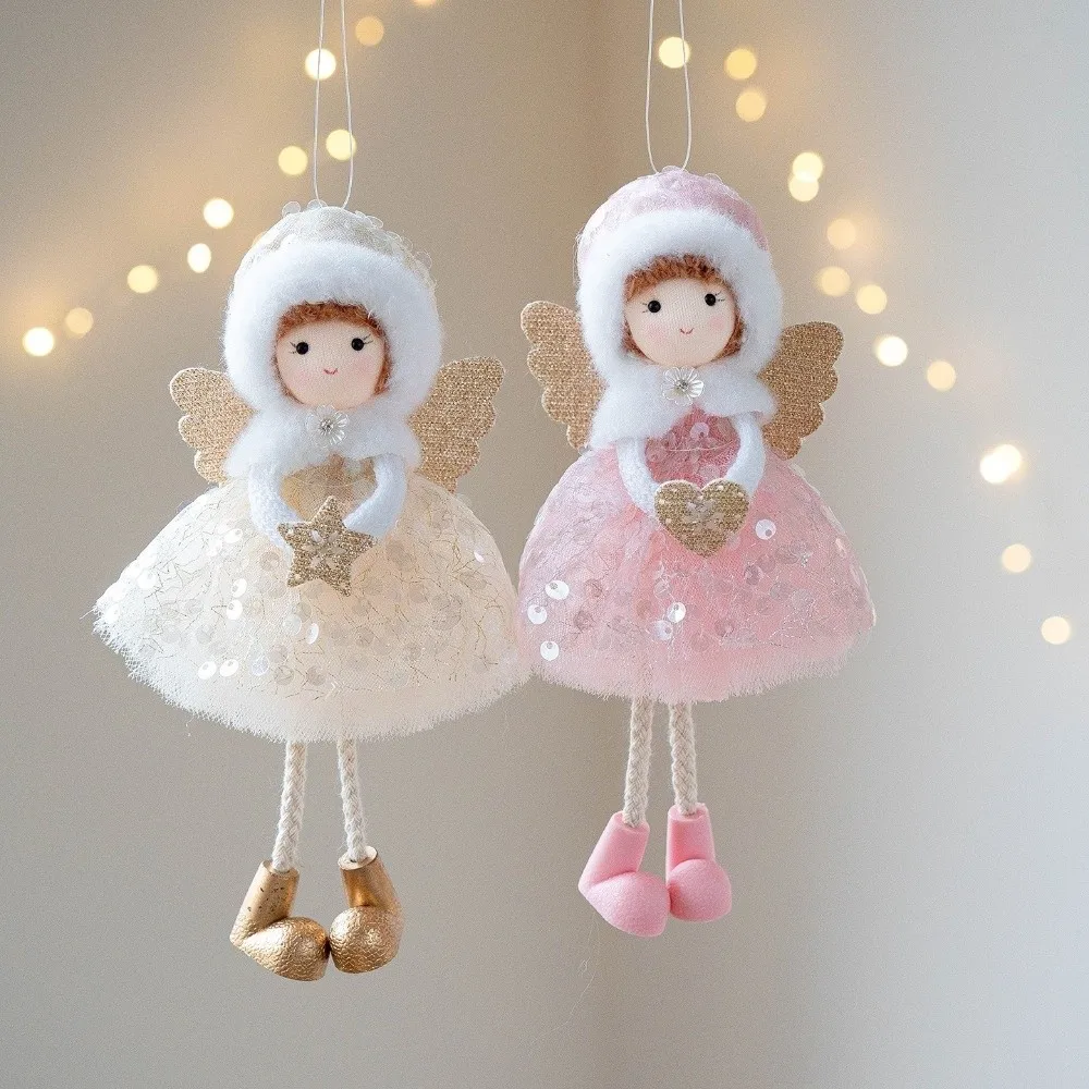 Cute Christmas Girl Pendant Plush White Mesh Girl Hanging Ornament Shiny Golden Wings Tulle Dress Christmas Tree Decorations
