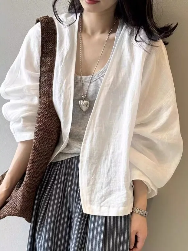

Retro Japanese Style Women's Long Sleeve Linen Shirt Summer Thin Casual Loose Cotton Linen Sun Protection Open Cardigan Top