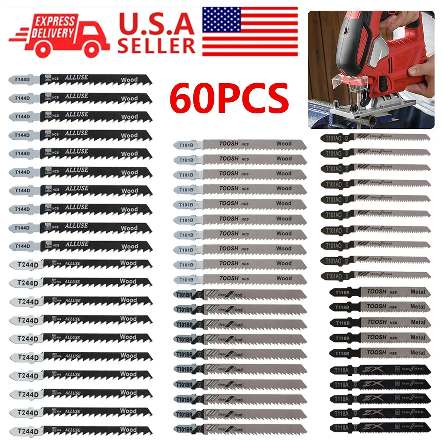 Jig Saw Blade Set com T-Shank, Assorted Set, Sharp, corte rápido, madeira, metal, plástico, corte