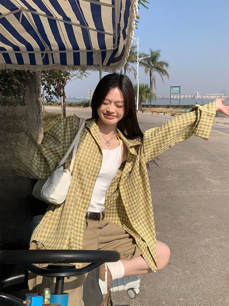 

Желтое свободное женское повседневное пальто в клетку, летнее корейское пальто Sizhengen, брендовый длинный топ на пуговицах