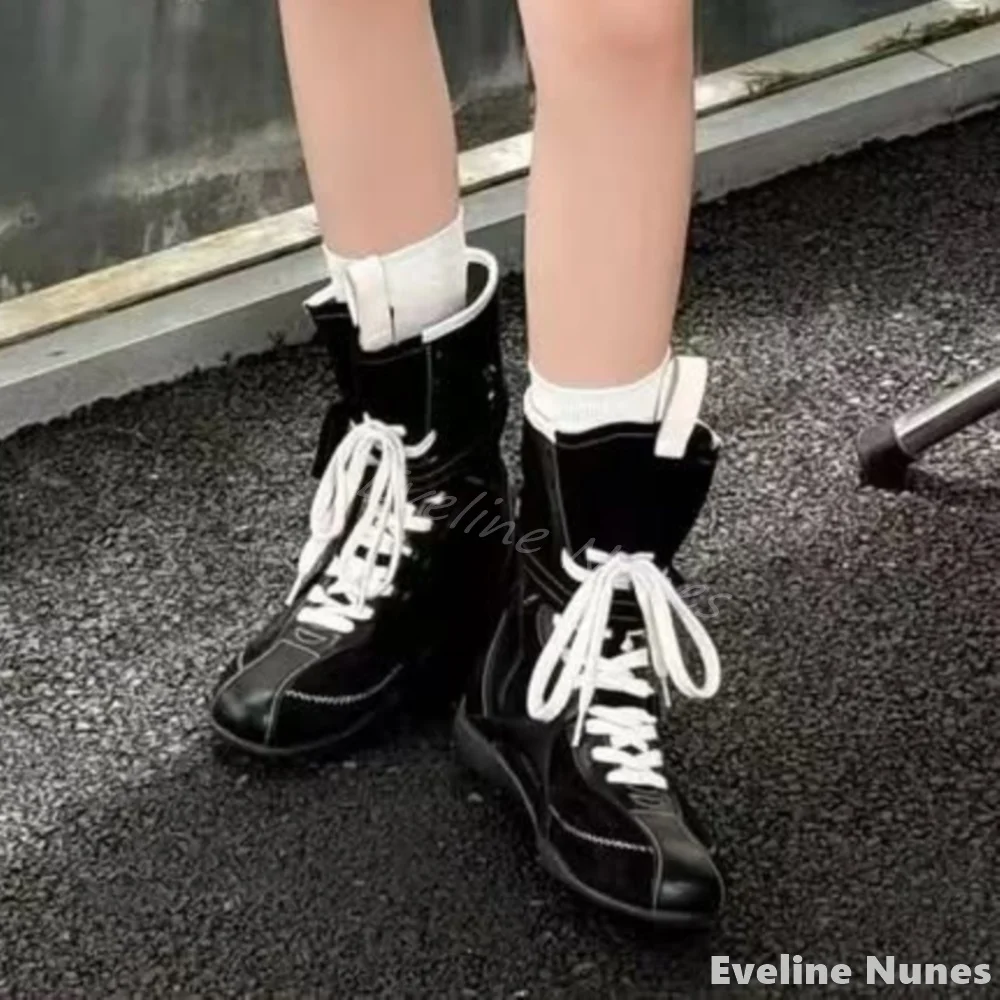 女性用ミッドカーフブーツ,クロスタイ,スプライスソーイング,ラウンドトゥ,身長を伸ばす,ボクシング,新しいファッション,秋,冬,2022