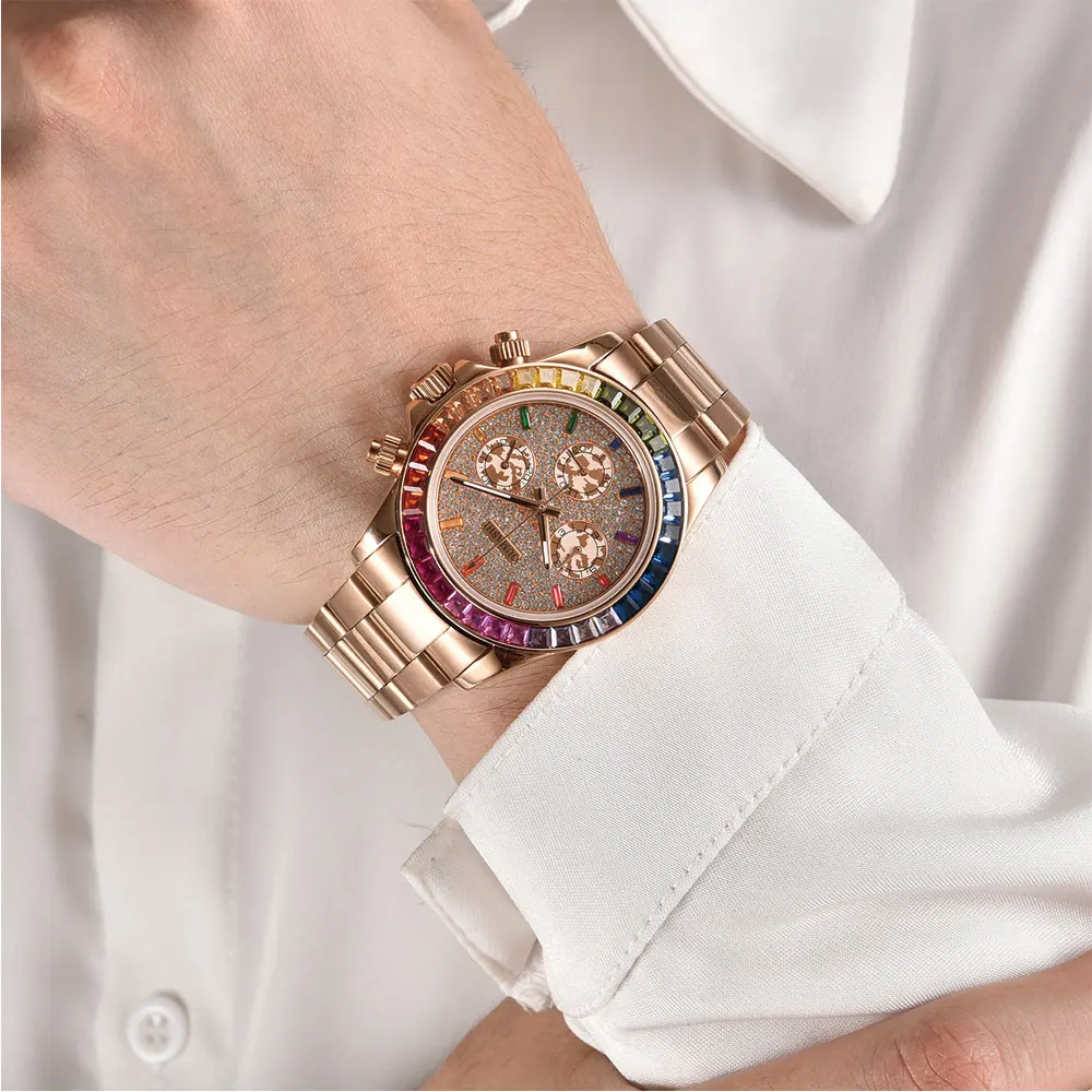 39.5mm luxury men's watch VK63 movement all-diamond dial luminous hands gold watch men's custom watch