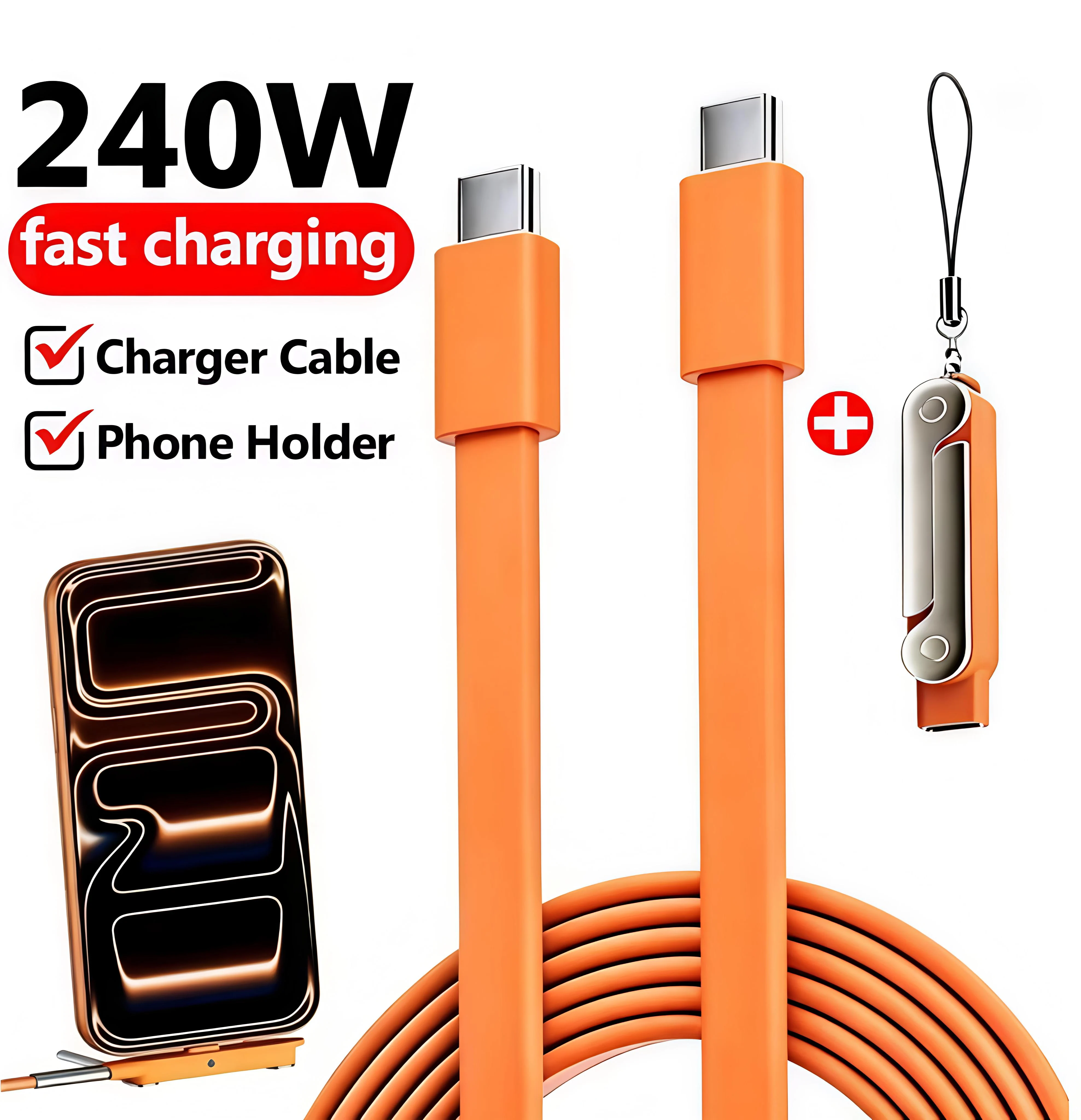 240W 2-in-1 USB C to Type C Fast Charging Foldable Bracket Data Cable for iPhone 17 OnePlus Detachable Cables Tipo C Adapter