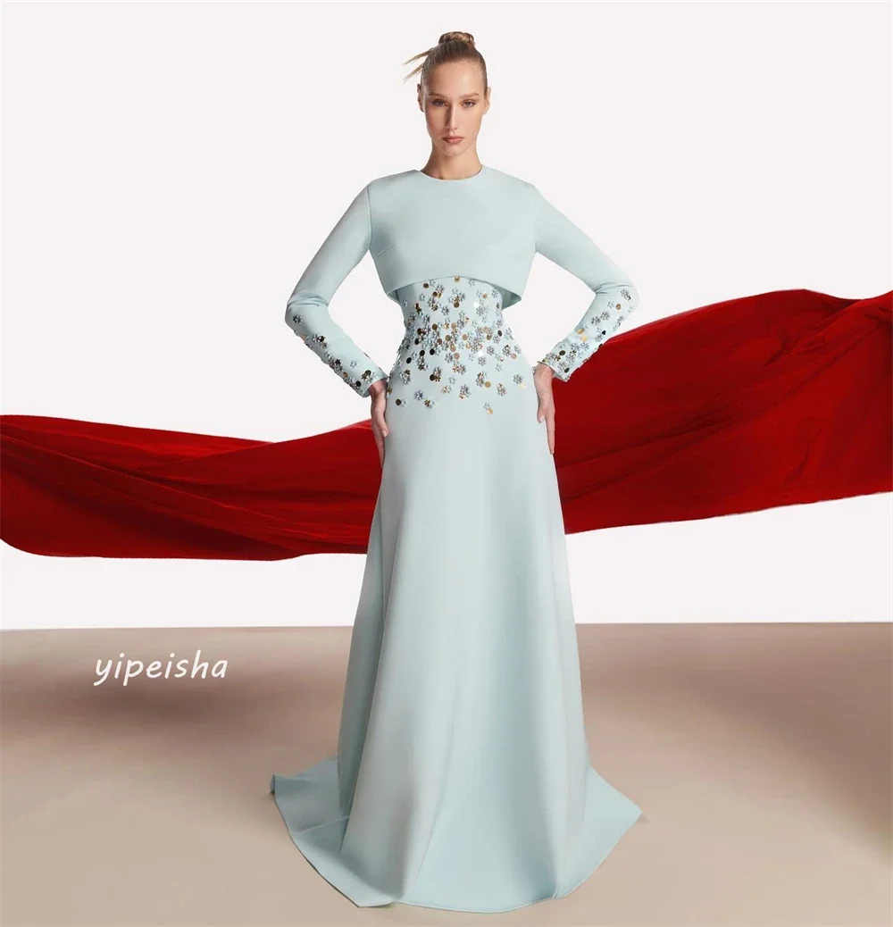 Customized Jersey Sequined Flower Beading Ruched Homecoming A-line O-Neck Bespoke Occasion Gown Long Dresses