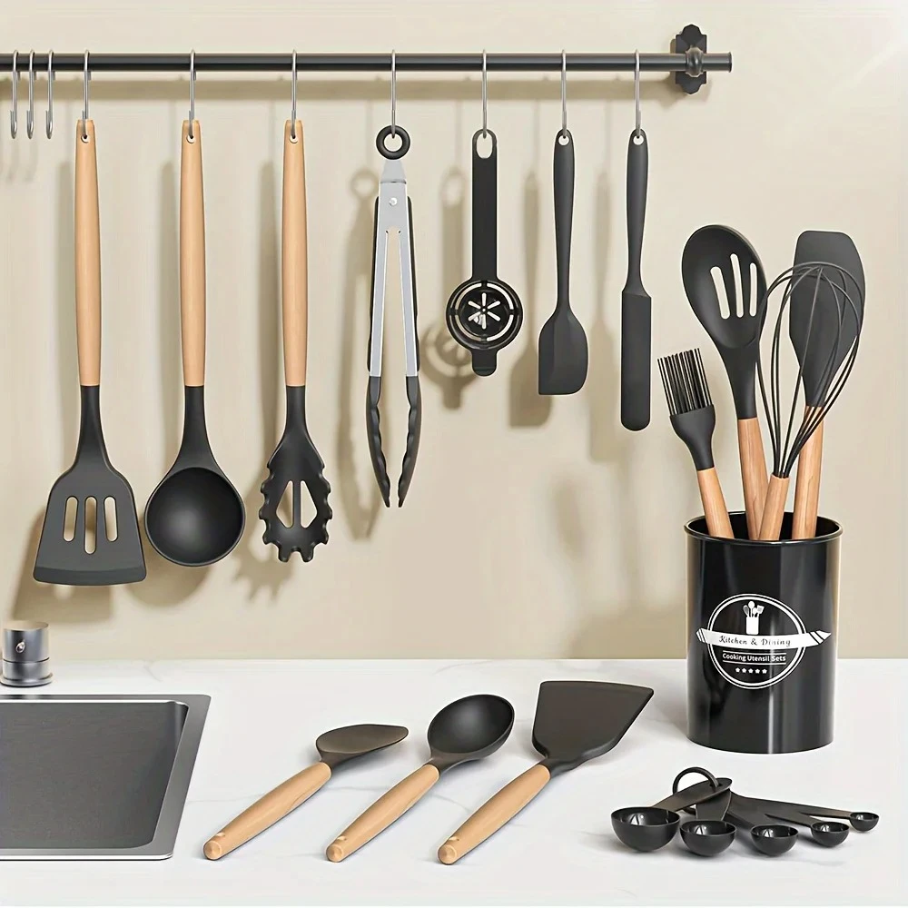 30pcs Silicone Utensil with Wooden Handles,Perfect for Cooking,Non-Stick , Easy to Clean, Kitchen Gadgets  for Christmas Gifting