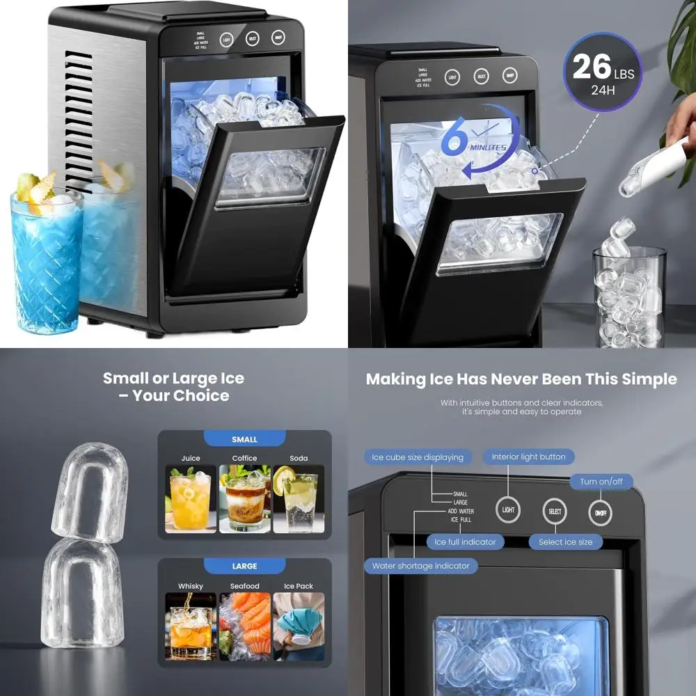 

Портативный настольный льдогенератор на 26 фунтов - 8 кубиков за 6 минут, самоочистка, внутренняя подсветка, 2 размера льда для дома, офиса, вечеринок